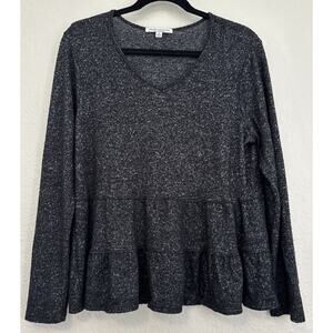 Green Envelope Top Blouse Ruffle Long Sleeve Womens Size M Black White V-Neck